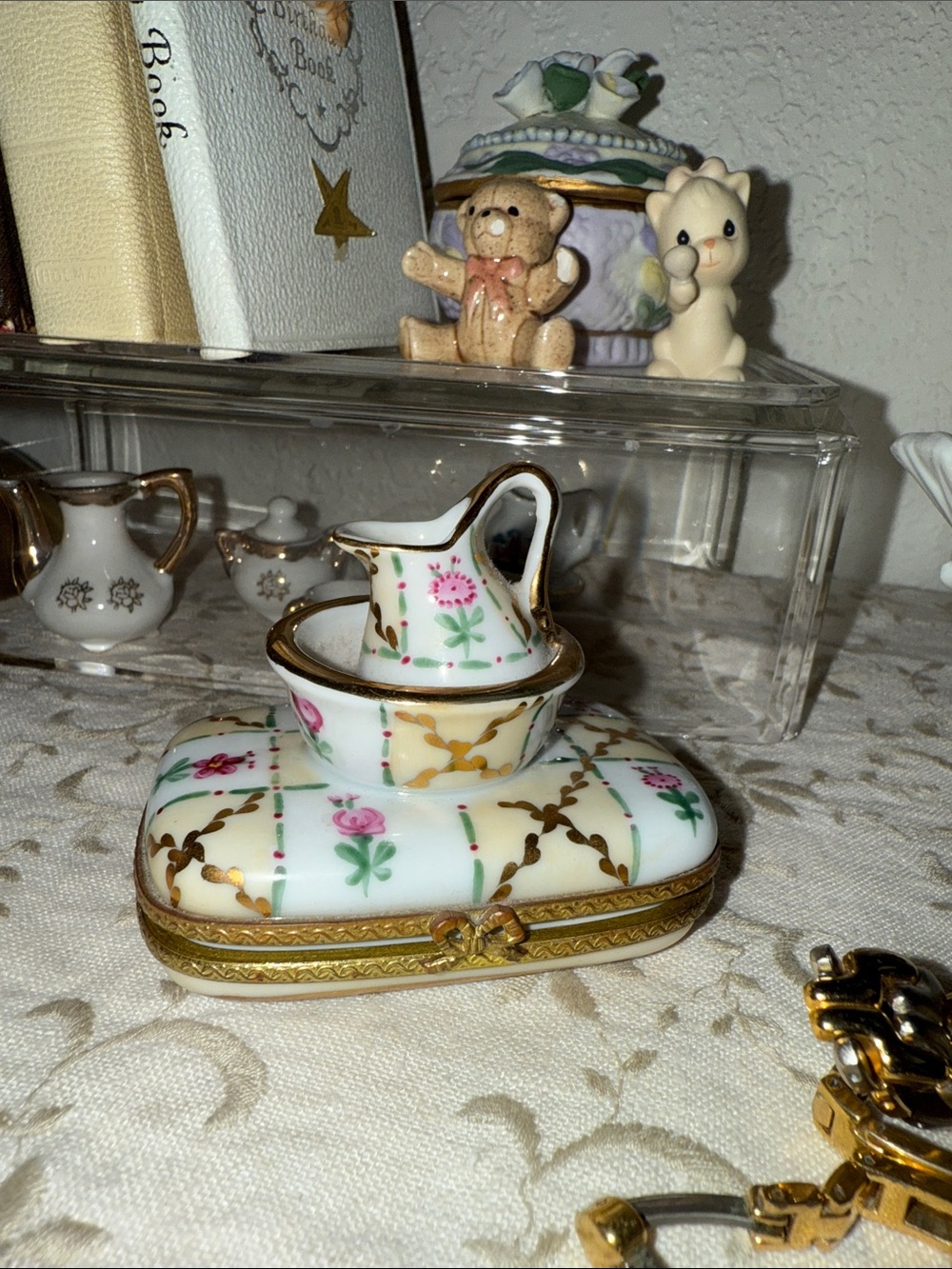 Porcelain Trinket Box with Floral Pitcher Accent - White & Gold